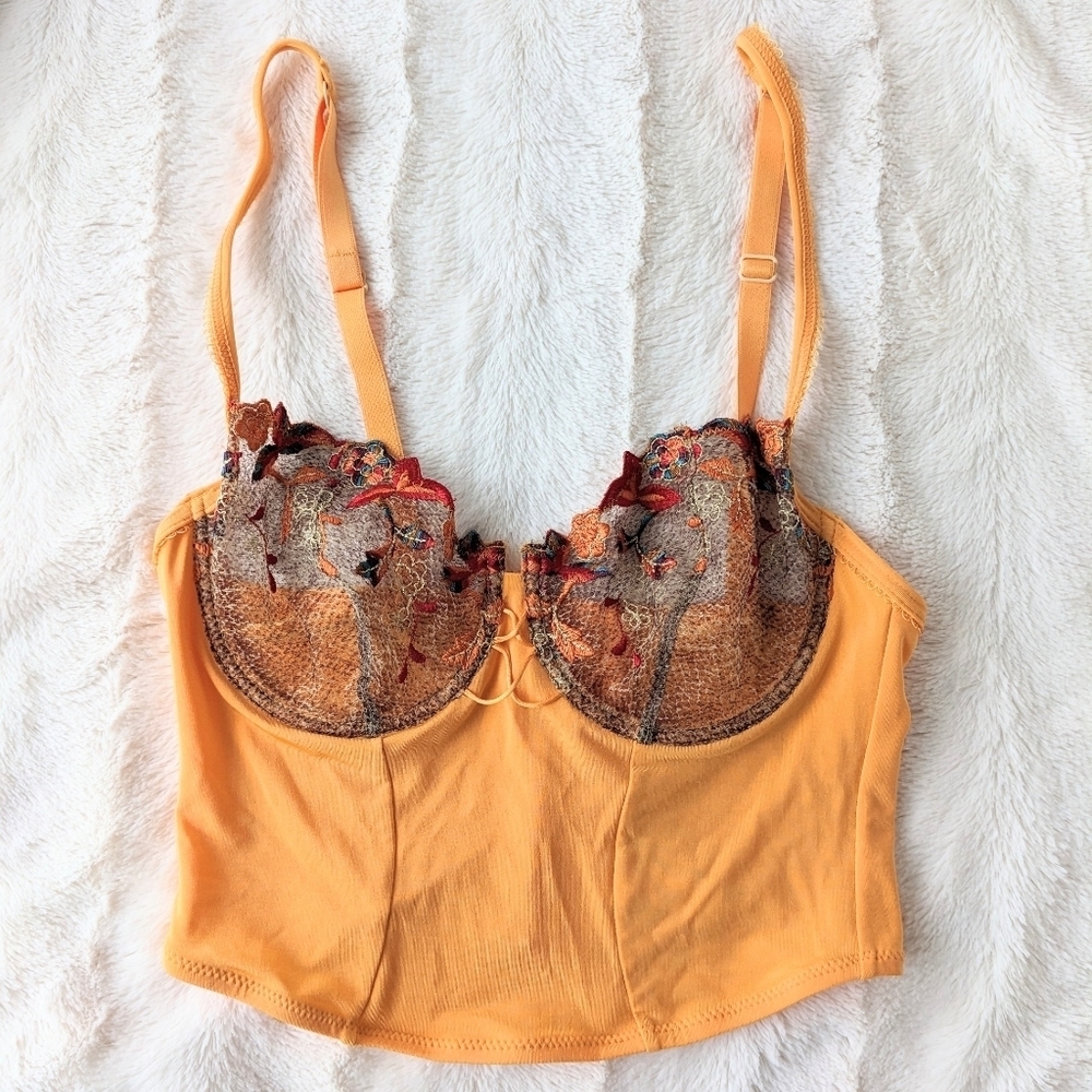 Etam sexy floral lace bustier wired bra mustard yellow orange 32B